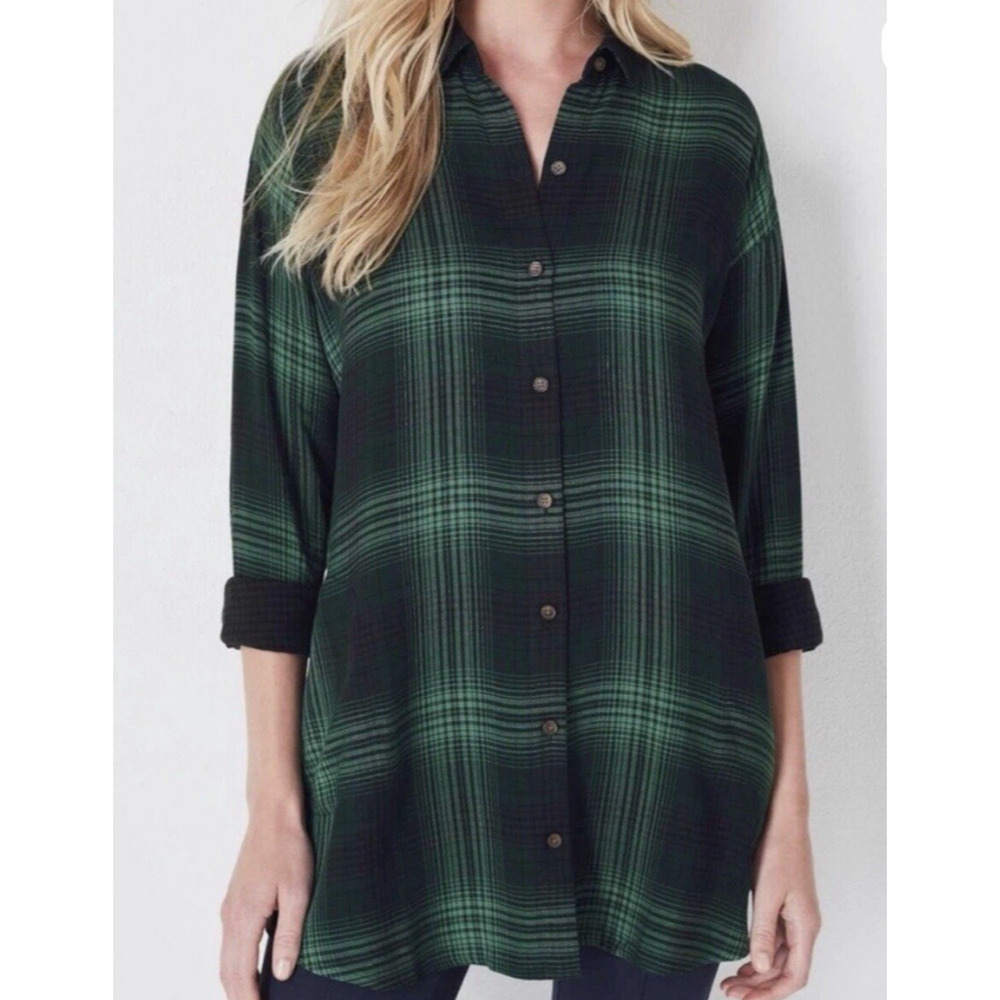 J Jill Shirt Womens Medium Green Blue Plaid lumberjack Button Up Pockets Rayon